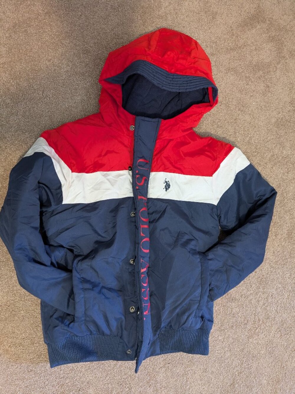 Boys hooded brimmed U.S. Polo Assn. jacket size small 6-7 blue red white